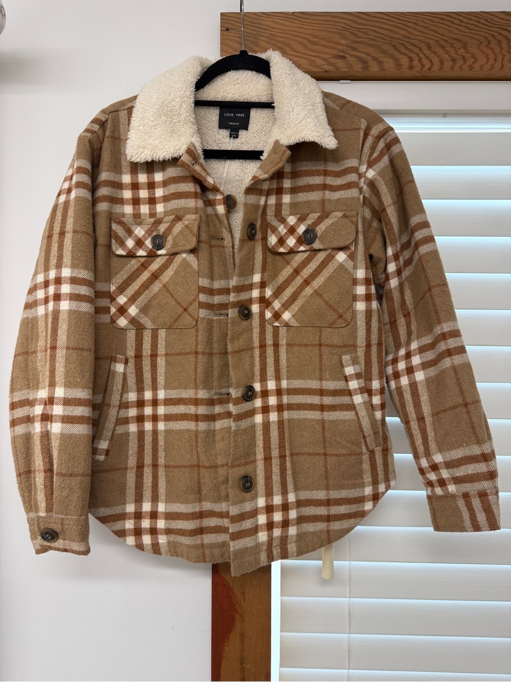 Love Tree Tan & Cream Plaid Sherpa Collar Jacket